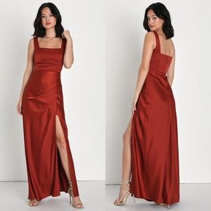 Lulus Red Carpet Romance Rust Orange Satin Square Neck Maxi Dress S Party Prom